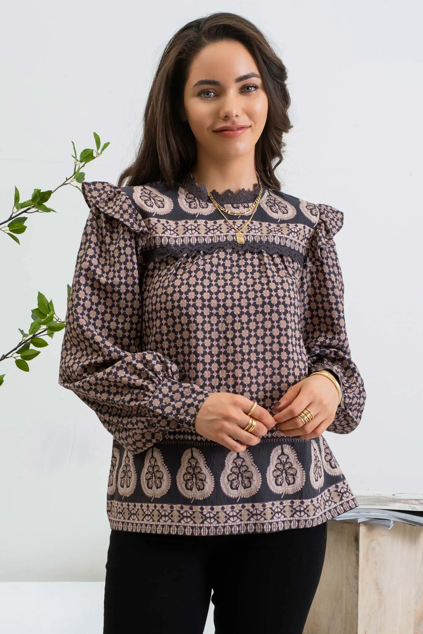 GEOMETRIC BORDER PRINT LONG SLEEVE BLOUSE sold by Blu Pepper product image thumbnail 5