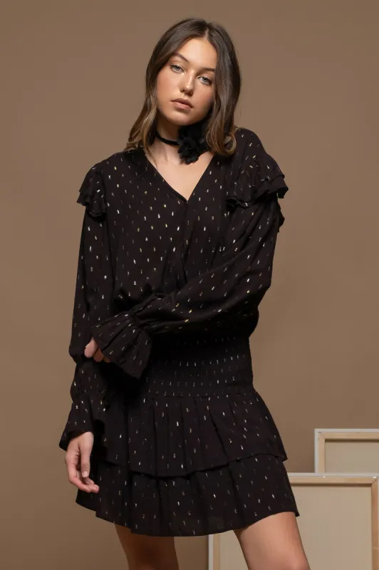 METALLIC DASH SURPLICE LONG SLEEVE TOP sold by Blu Pepper