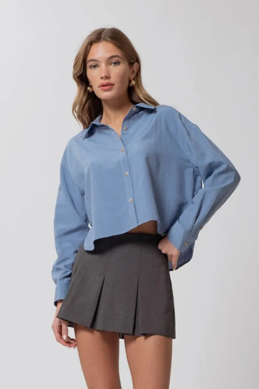 COLLARED LONG SLEEVE U HEM BUTTON DOWN SHIRT sold by Blu Pepper