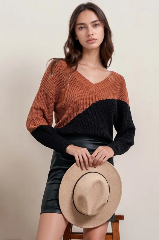 ASYMMETRICAL COLORBLOCK BACK TIE KNIT SWEATER made by mine