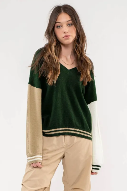 V NECK COLORBLOCK PULLOVER SWEATER sold by Blu Pepper