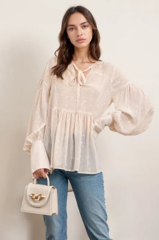 STAR PRINT FRONT TIE LONG CUFF SHEER BLOUSE sold by Blu Pepper