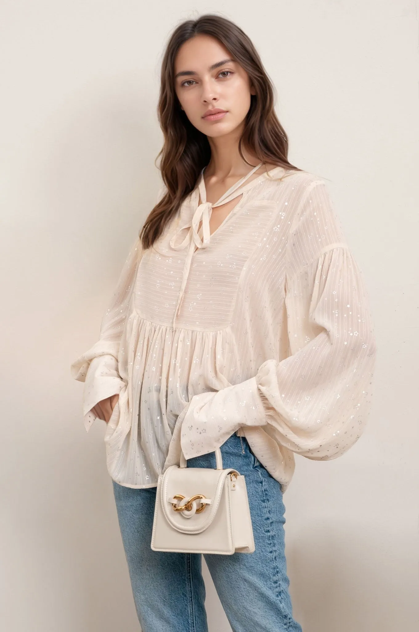 STAR PRINT FRONT TIE LONG CUFF SHEER BLOUSE sold by Blu Pepper product image thumbnail 3