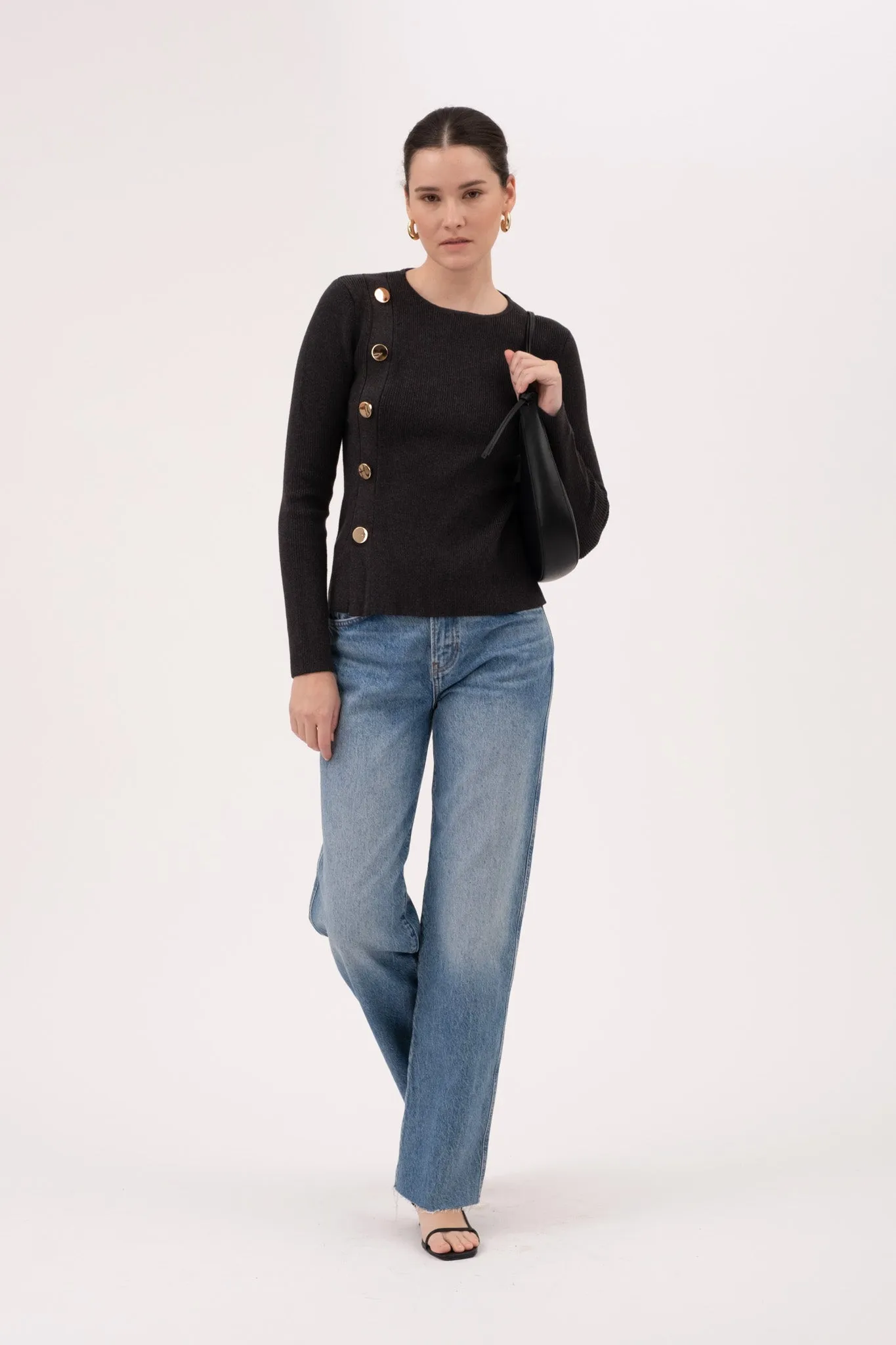 ROUND NECK SIDE BUTTON DETAIL KNIT SWEATER sold by Blu Pepper