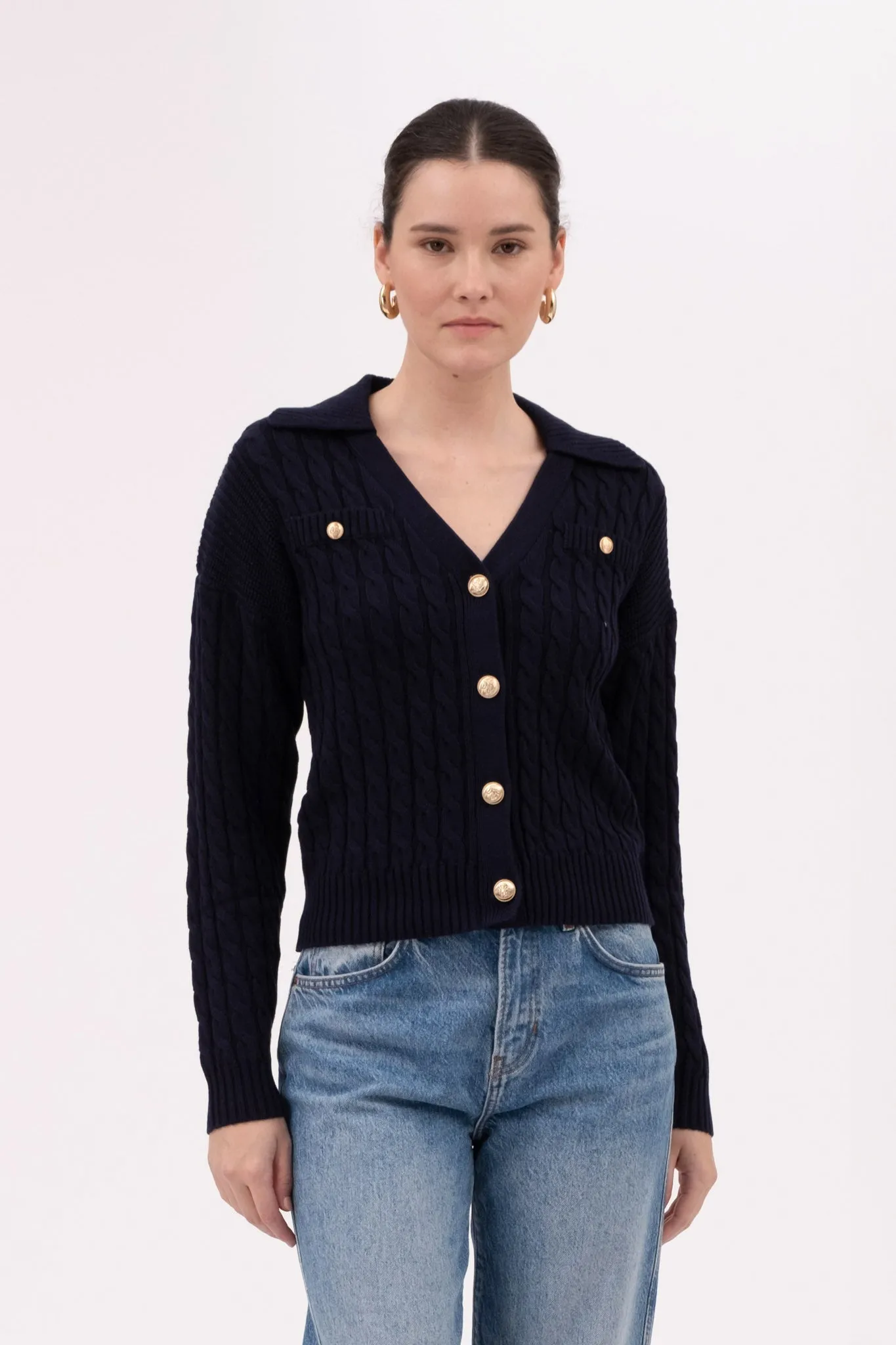 COLLARED V NECK GOLD BUTTON CABLE KNIT CARDIGAN | Parallel