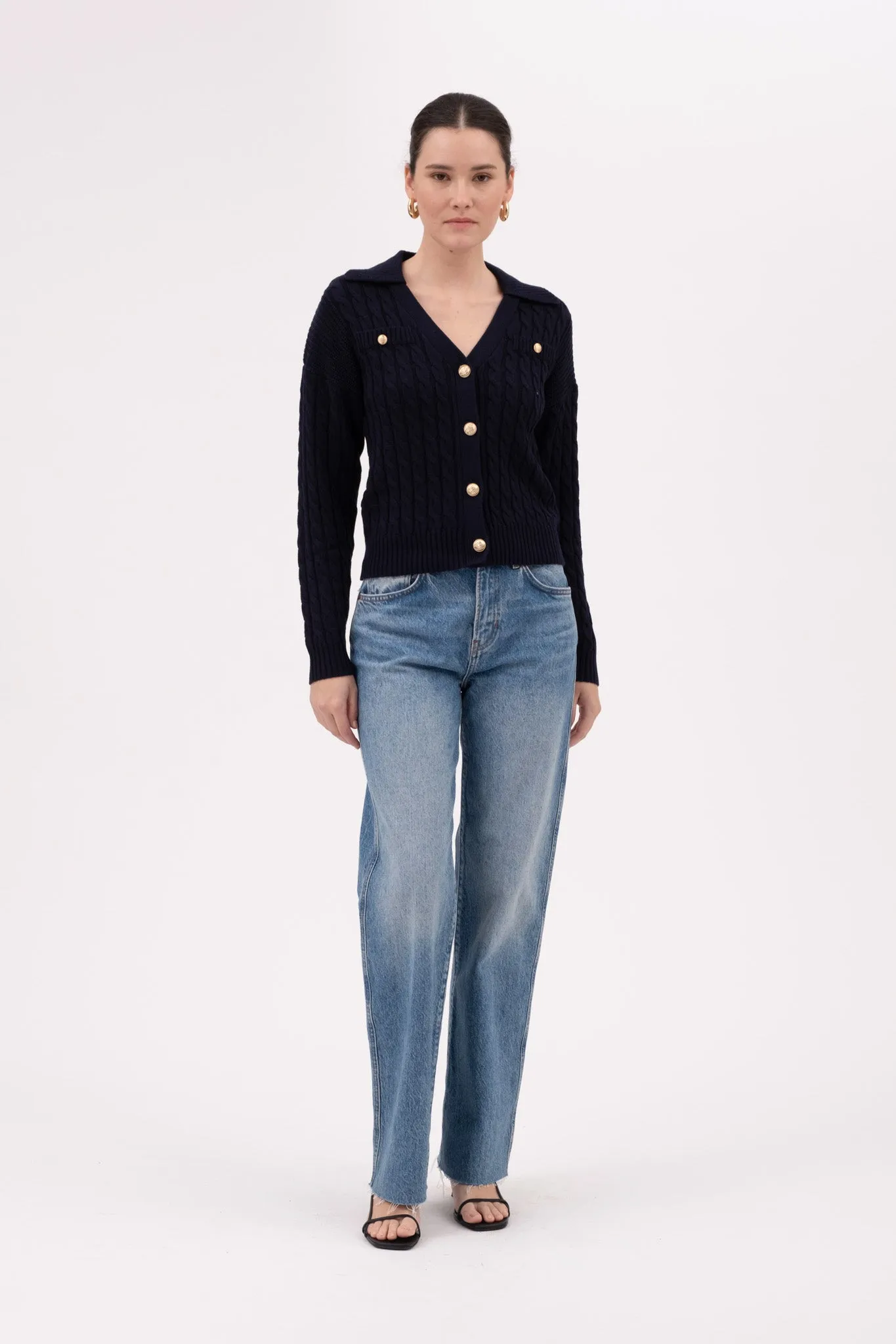 COLLARED V NECK GOLD BUTTON CABLE KNIT CARDIGAN sold by Blu Pepper product image thumbnail 5