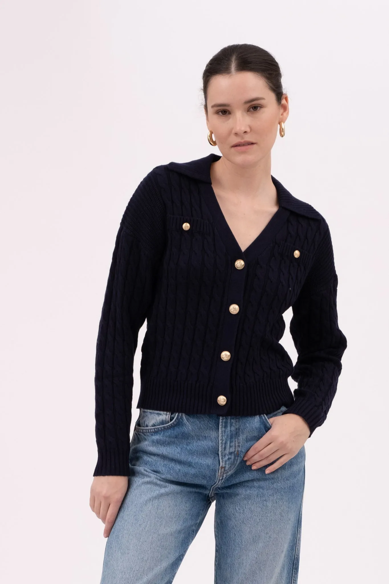 COLLARED V NECK GOLD BUTTON CABLE KNIT CARDIGAN sold by Blu Pepper