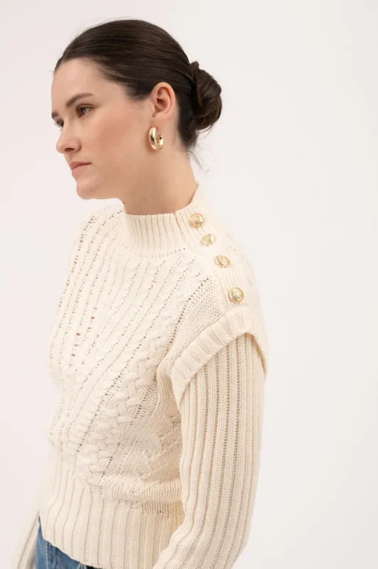 MOCK NECK SIDE SHOULDER BUTTON CABLE KNIT SWEATER sold by Blu Pepper