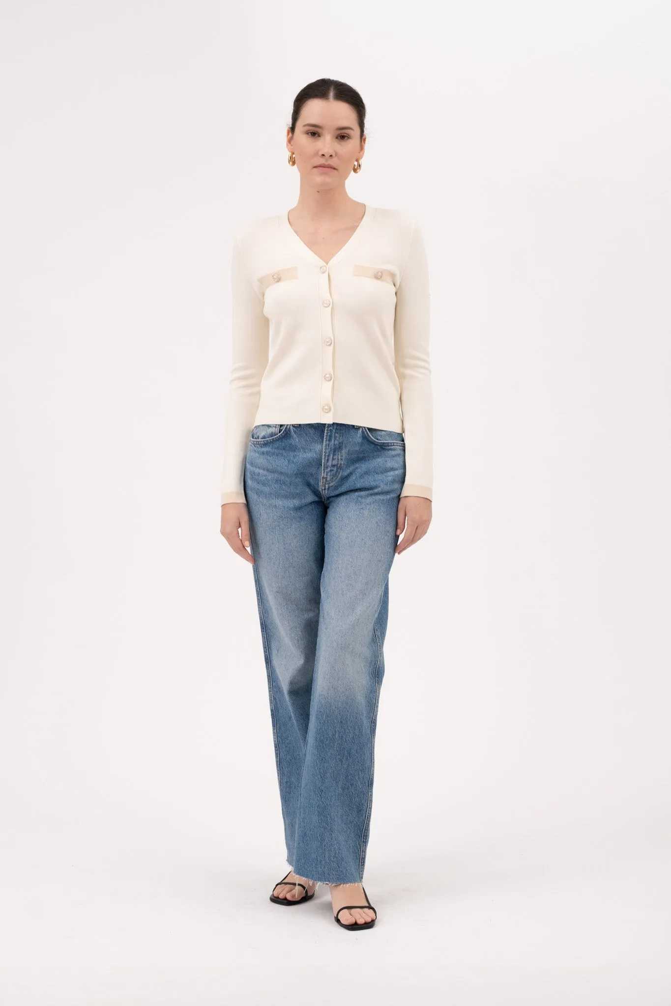 V NECK PEARL BUTTON DOWN KNIT CARDIGAN sold by Blu Pepper product image thumbnail 5