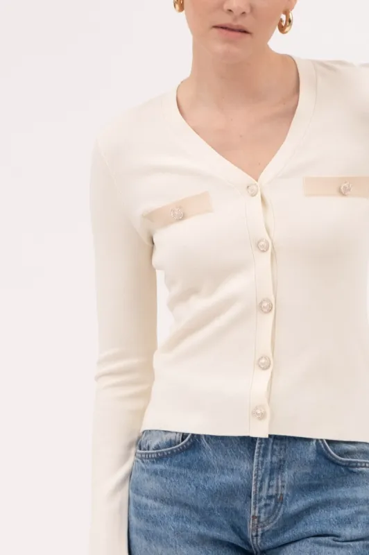 V NECK PEARL BUTTON DOWN KNIT CARDIGAN sold by Blu Pepper