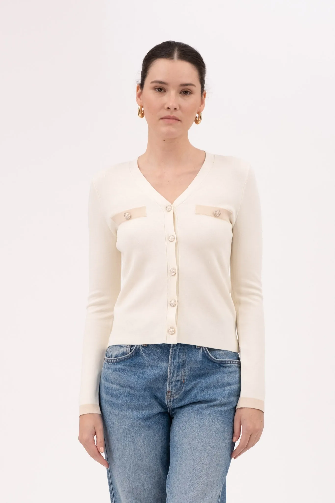 V NECK PEARL BUTTON DOWN KNIT CARDIGAN sold by Blu Pepper product image thumbnail 4