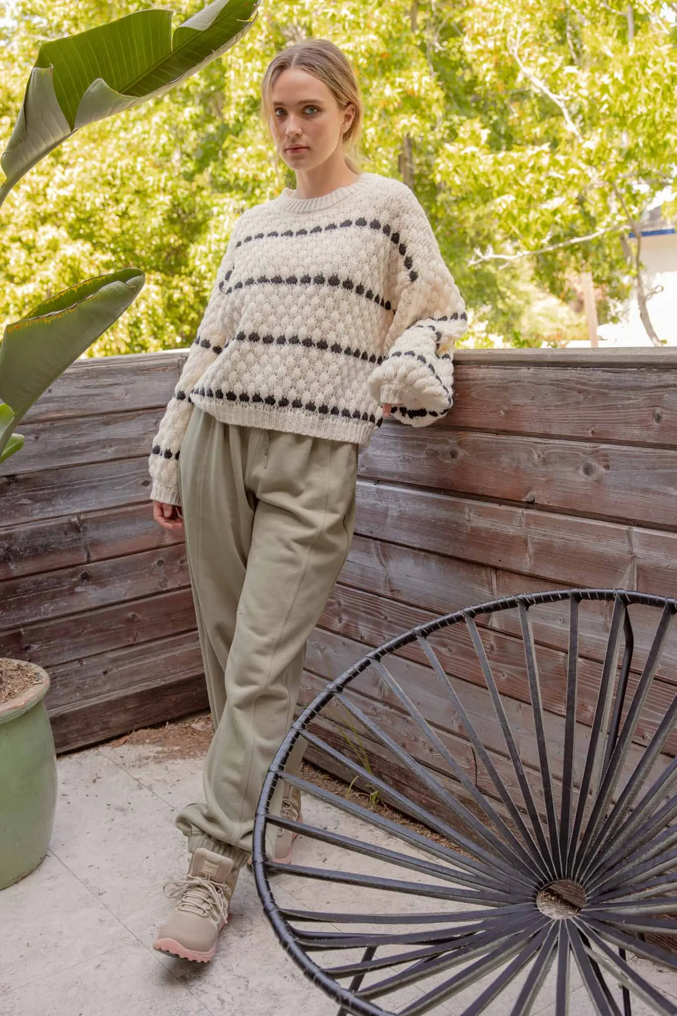 STRIPE OVERSIZED BALLOON SLEEVE KNIT SWEATER sold by Blu Pepper