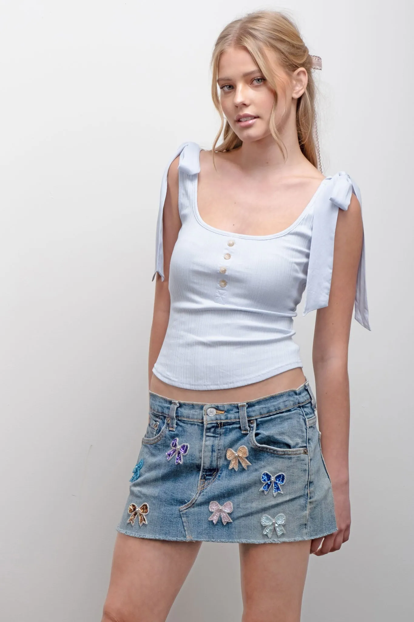 BOW TIE SHOULDER DETAIL KNIT TANK TOP sold by Blu Pepper product image thumbnail 3