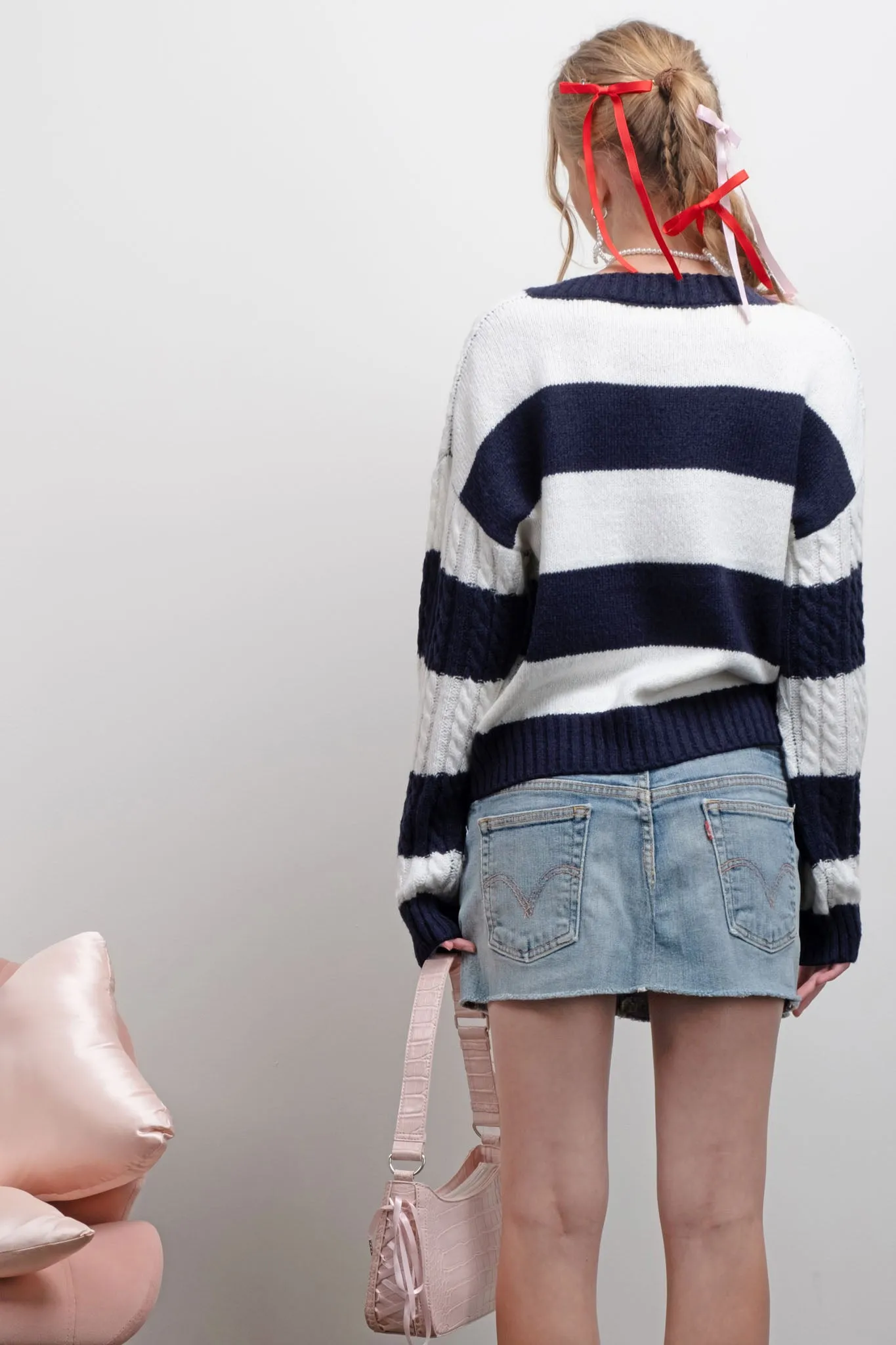 STRIPE V NECK CABLE KNIT PULLOVER SWEATER sold by Blu Pepper product image thumbnail 2