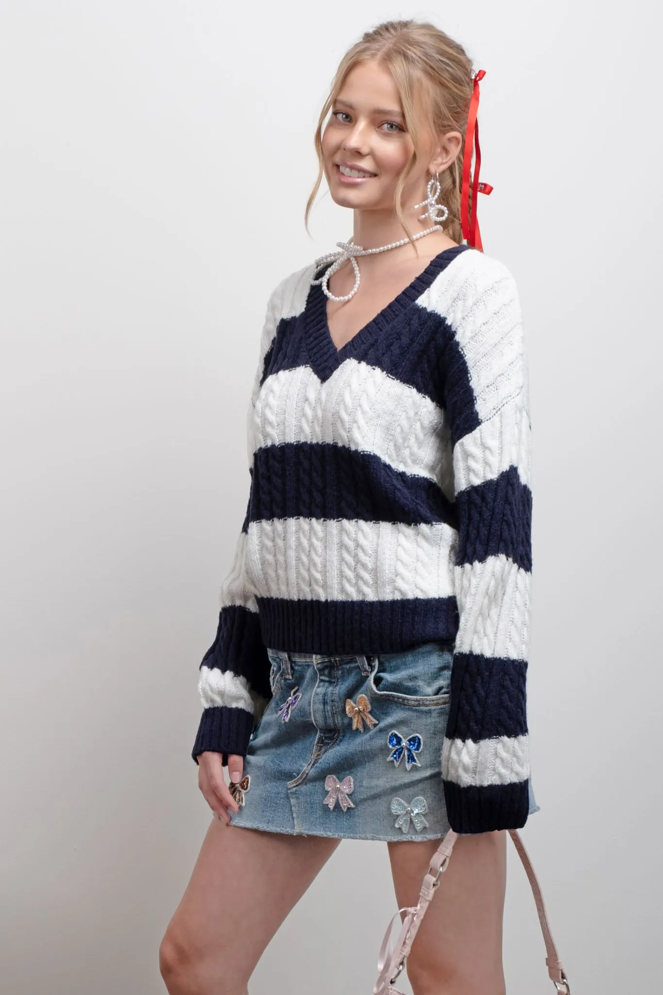 STRIPE V NECK CABLE KNIT PULLOVER SWEATER sold by Blu Pepper product image thumbnail 3