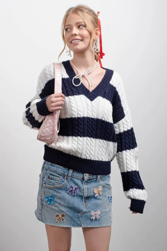 STRIPE V NECK CABLE KNIT PULLOVER SWEATER sold by Blu Pepper