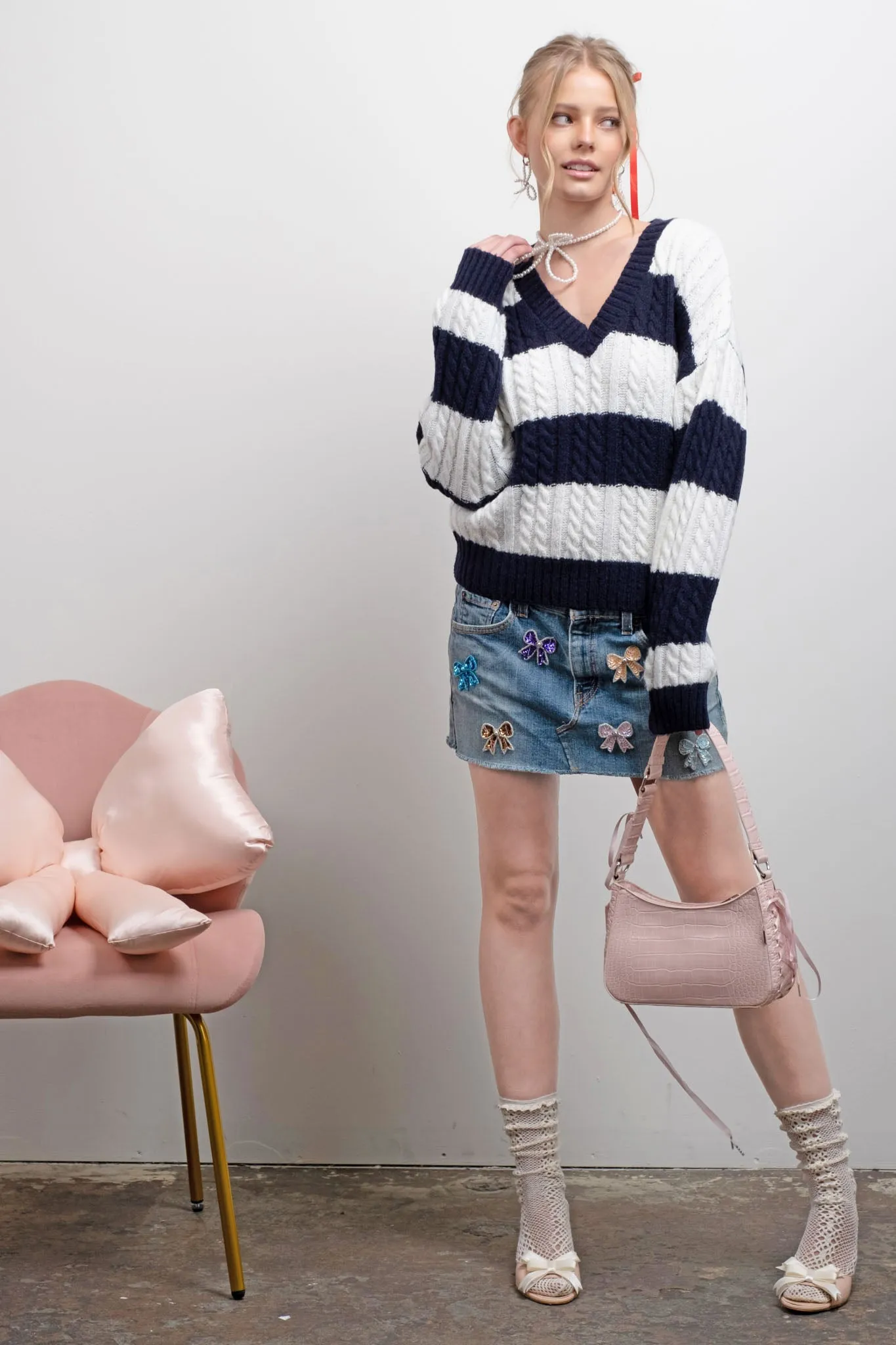 STRIPE V NECK CABLE KNIT PULLOVER SWEATER sold by Blu Pepper product image thumbnail 5