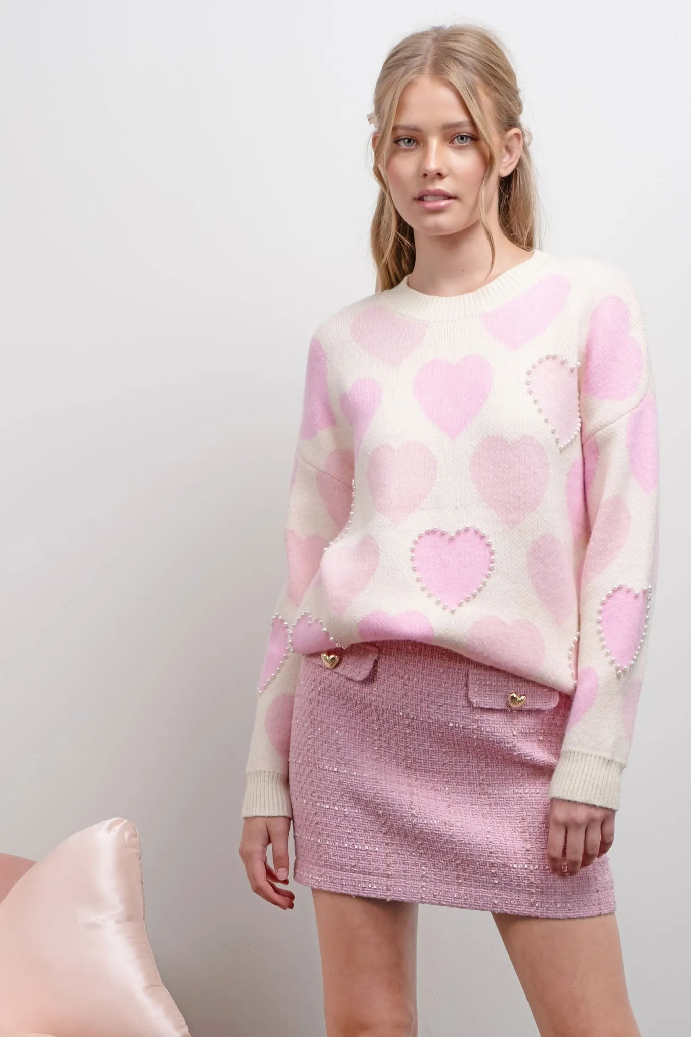 HEART PATTERN PEARL DETAIL KNIT SWEATER sold by Blu Pepper product image thumbnail 4