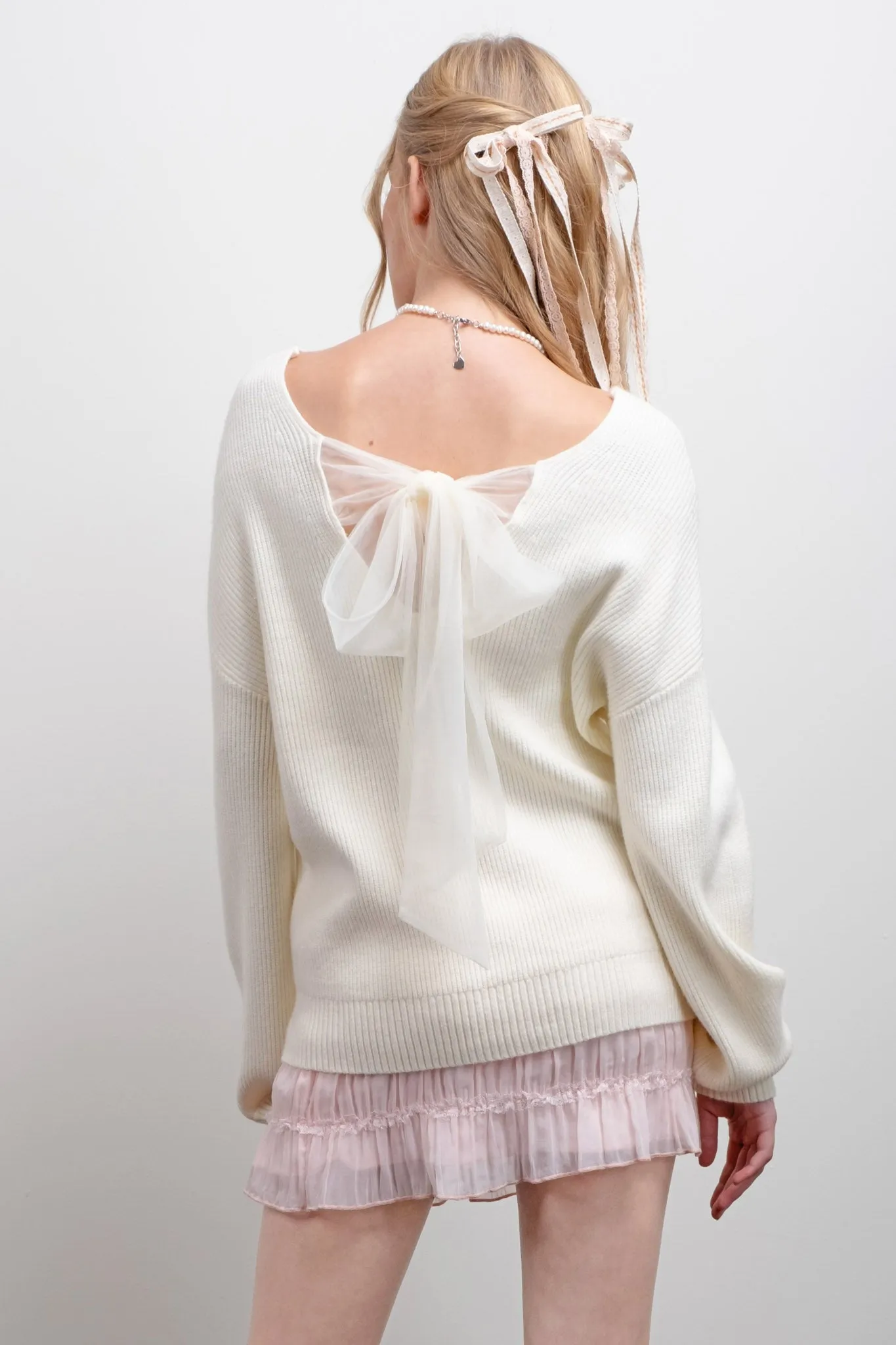 V NECK DROP SHOULDER BACK BOW TIE DETAIL SWEATER sold by Blu Pepper product image thumbnail 2