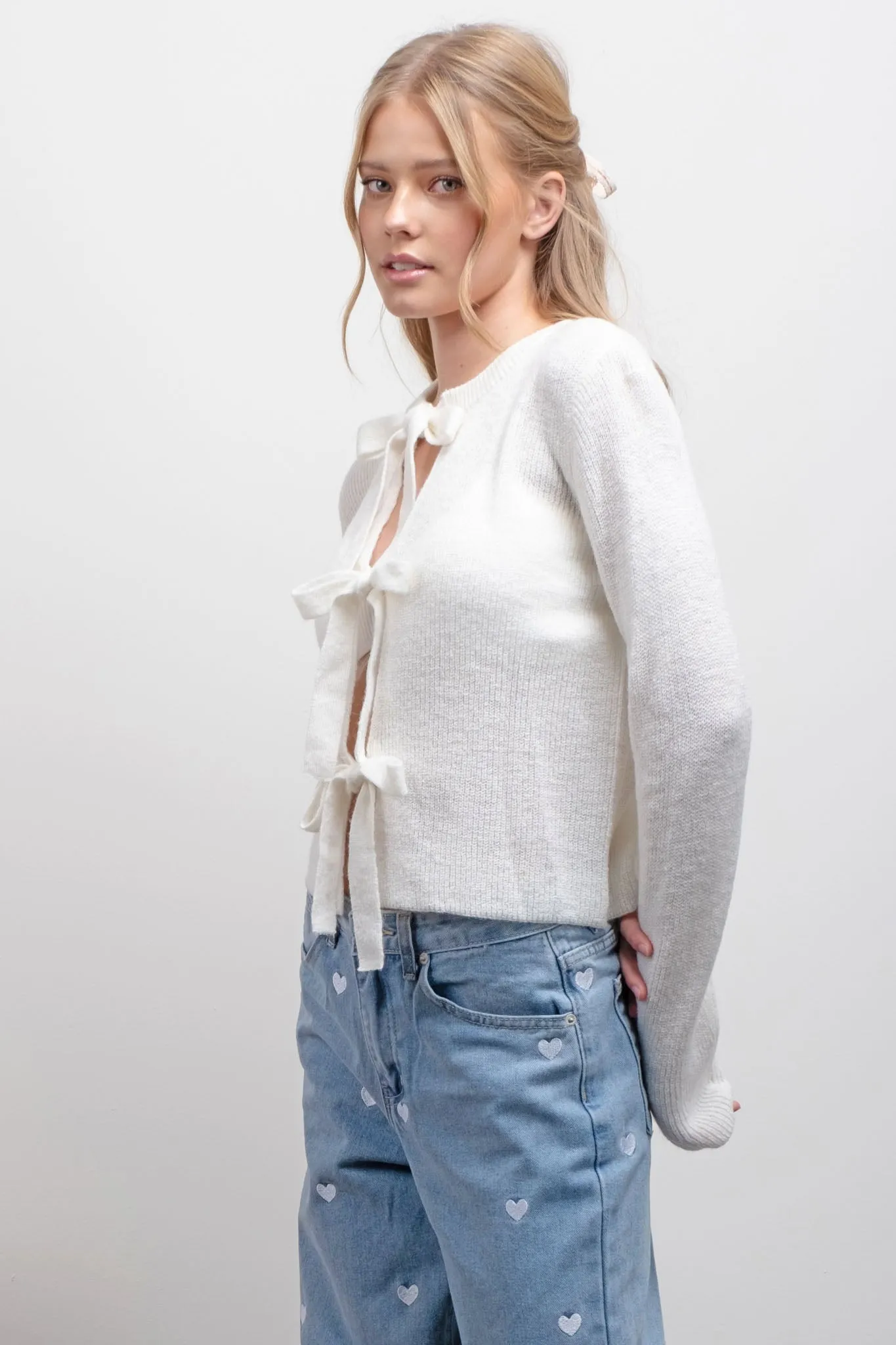 FRONT BOW DETAIL KNIT CARDIGAN sold by Blu Pepper product image thumbnail 3