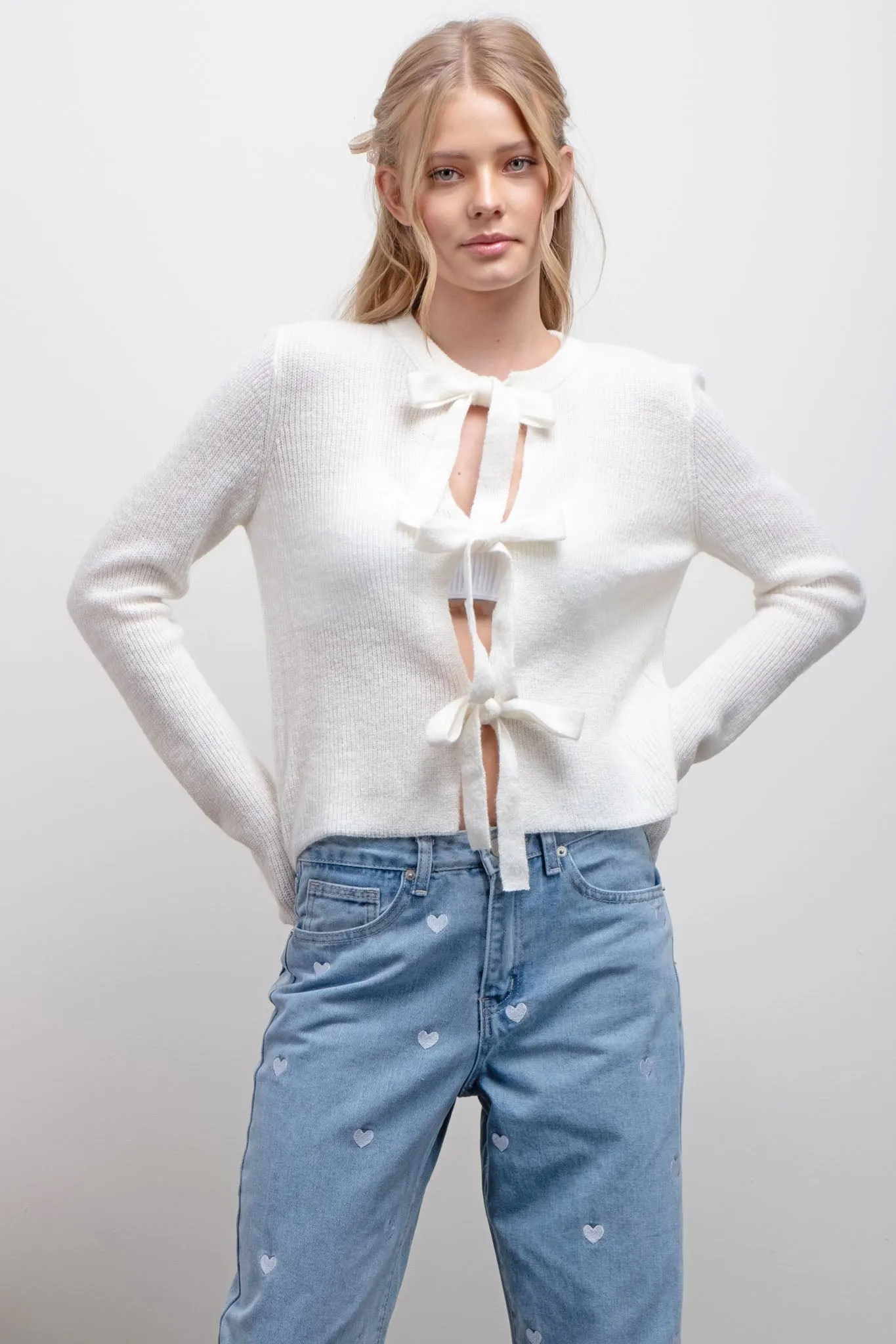 FRONT BOW DETAIL KNIT CARDIGAN sold by Blu Pepper product image thumbnail 4