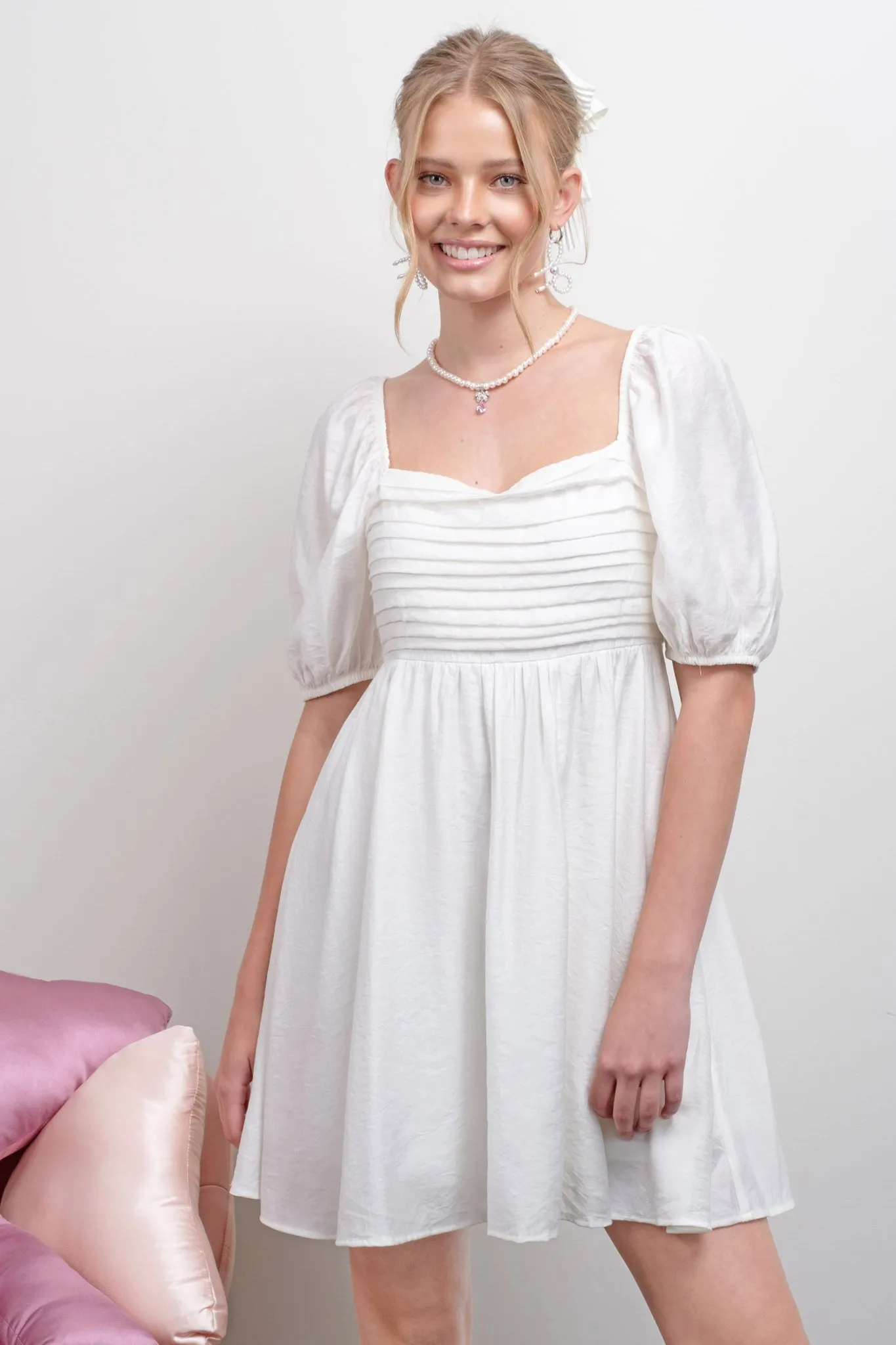 PLEATED DETAIL PUFF SLEEVE MINI DRESS sold by Blu Pepper product image thumbnail 4