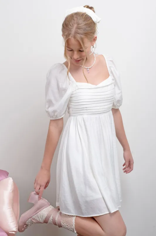 PLEATED DETAIL PUFF SLEEVE MINI DRESS sold by Blu Pepper