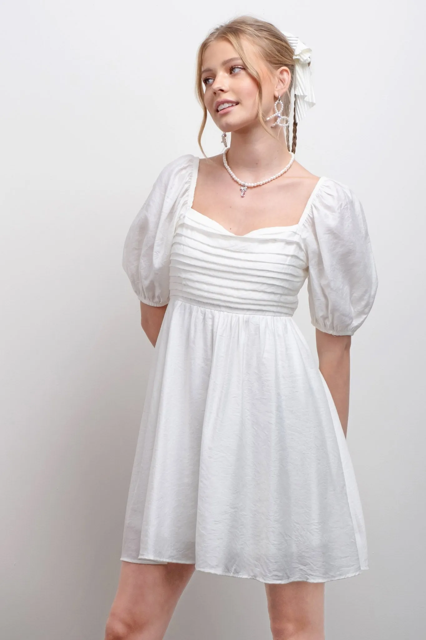 PLEATED DETAIL PUFF SLEEVE MINI DRESS sold by Blu Pepper product image thumbnail 3