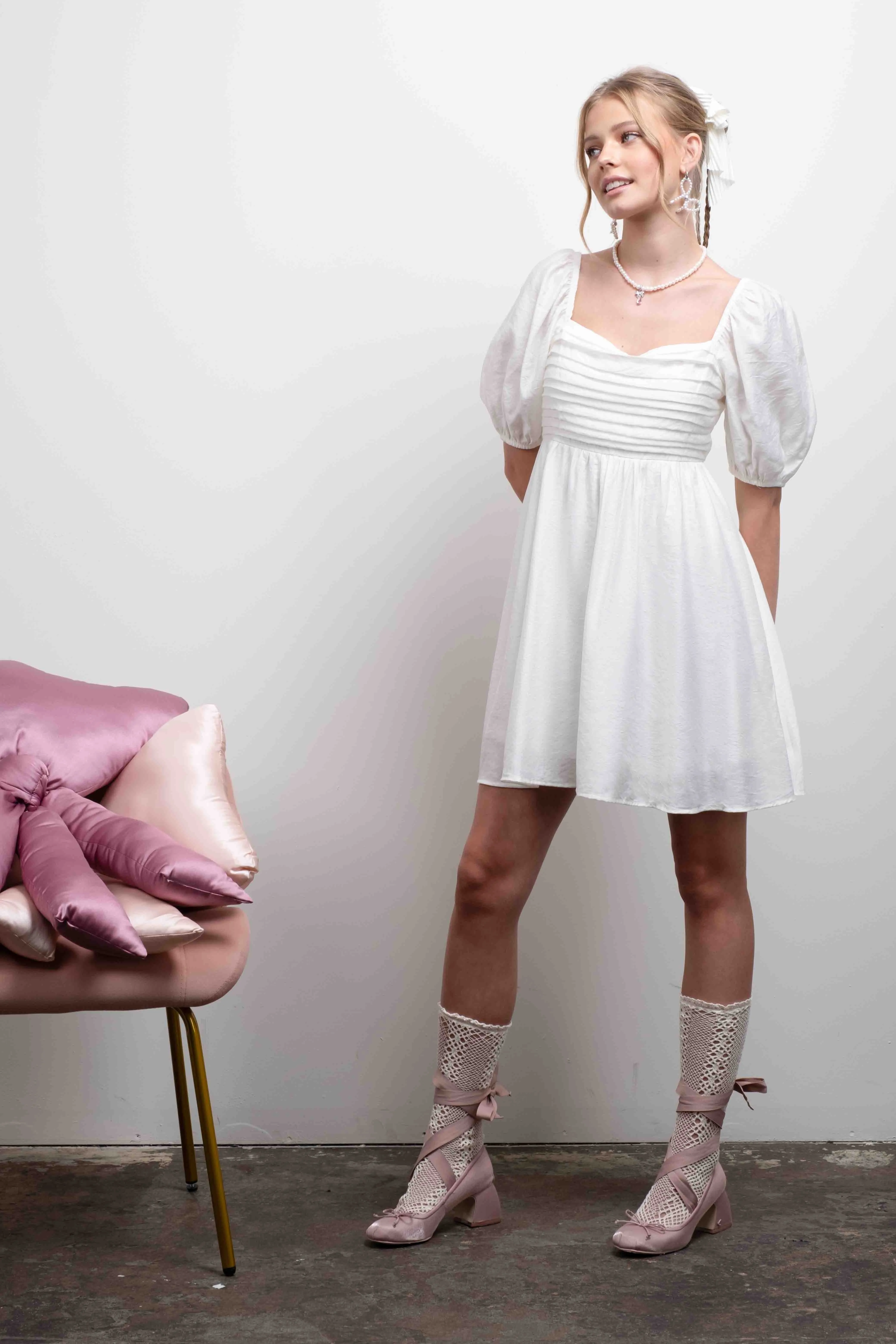 PLEATED DETAIL PUFF SLEEVE MINI DRESS sold by Blu Pepper product image thumbnail 5