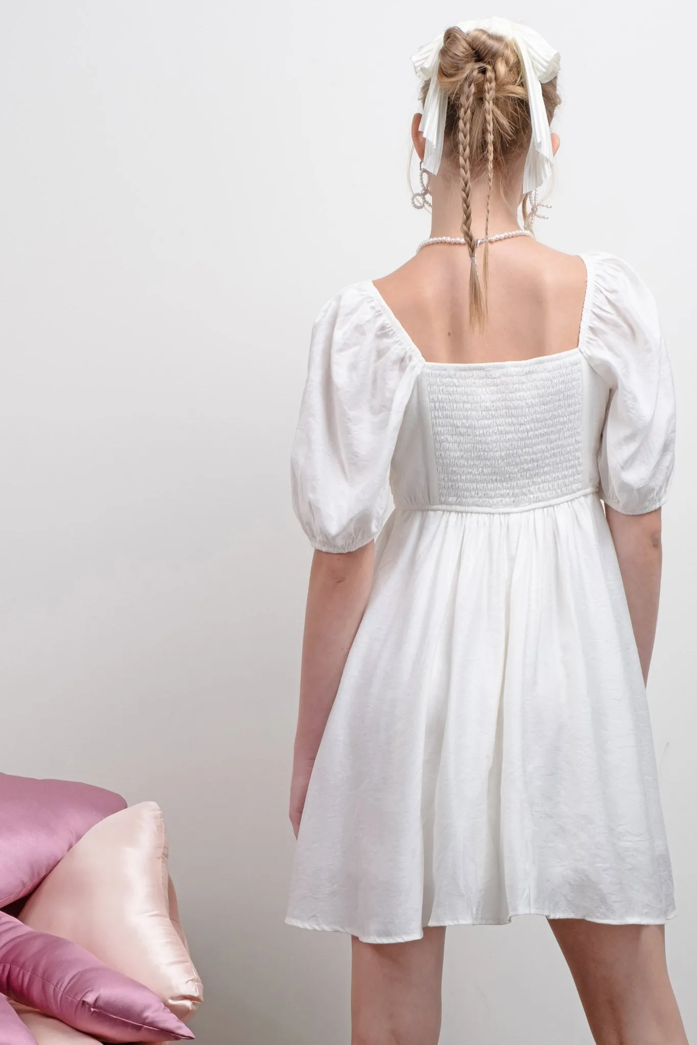 PLEATED DETAIL PUFF SLEEVE MINI DRESS sold by Blu Pepper product image thumbnail 2