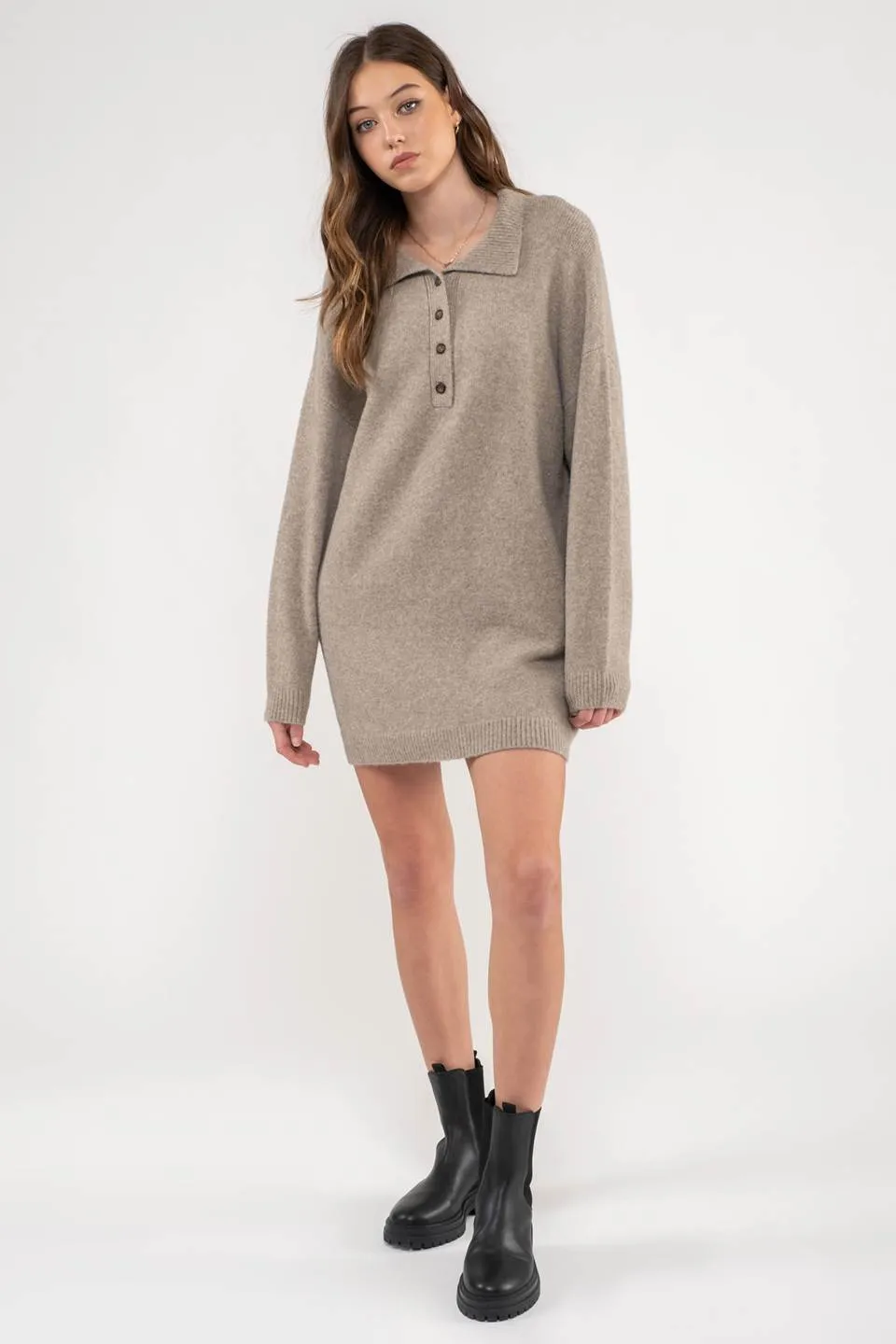 COLLARED DROP SHOULDER MINI SWEATER DRESS sold by Blu Pepper product image thumbnail 5