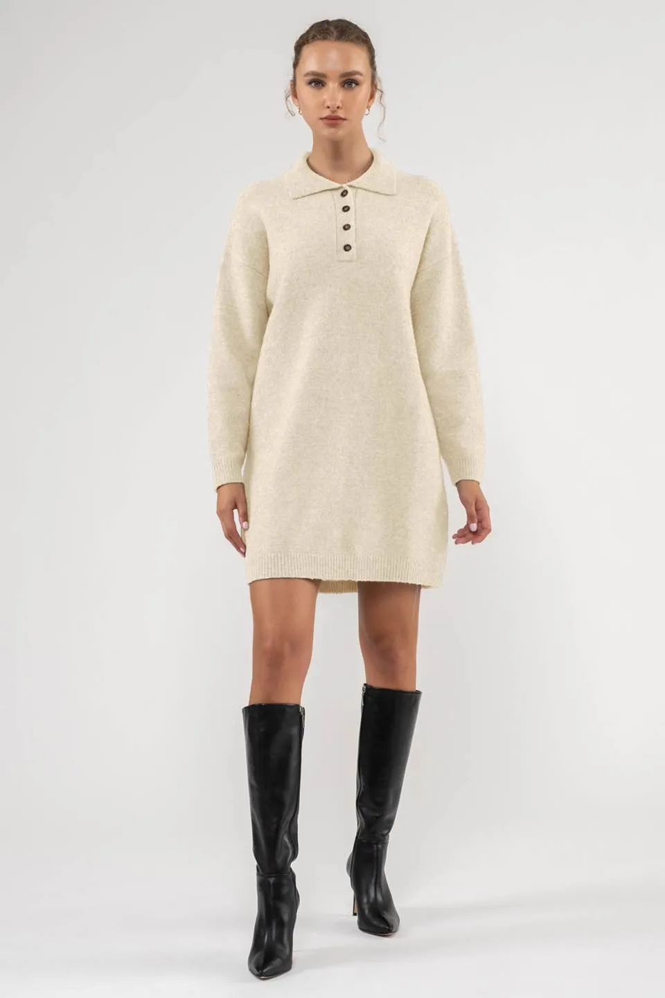 COLLARED DROP SHOULDER MINI SWEATER DRESS sold by Blu Pepper product image thumbnail 4