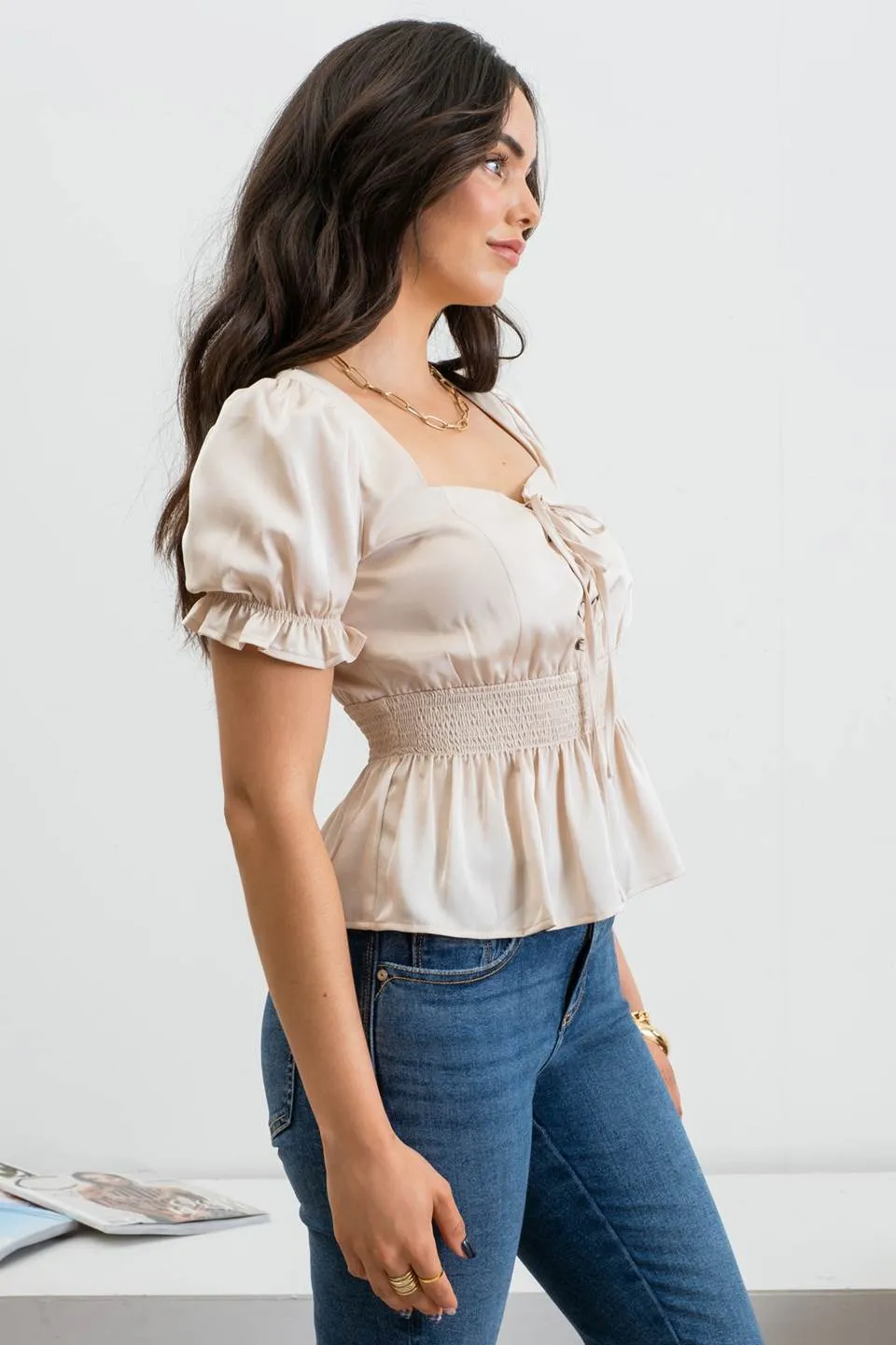 LACE UP FRONT PUFF SHORT SLEEVE BLOUSE sold by Blu Pepper product image thumbnail 3