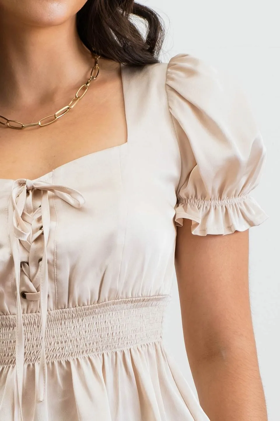 LACE UP FRONT PUFF SHORT SLEEVE BLOUSE sold by Blu Pepper product image thumbnail 4