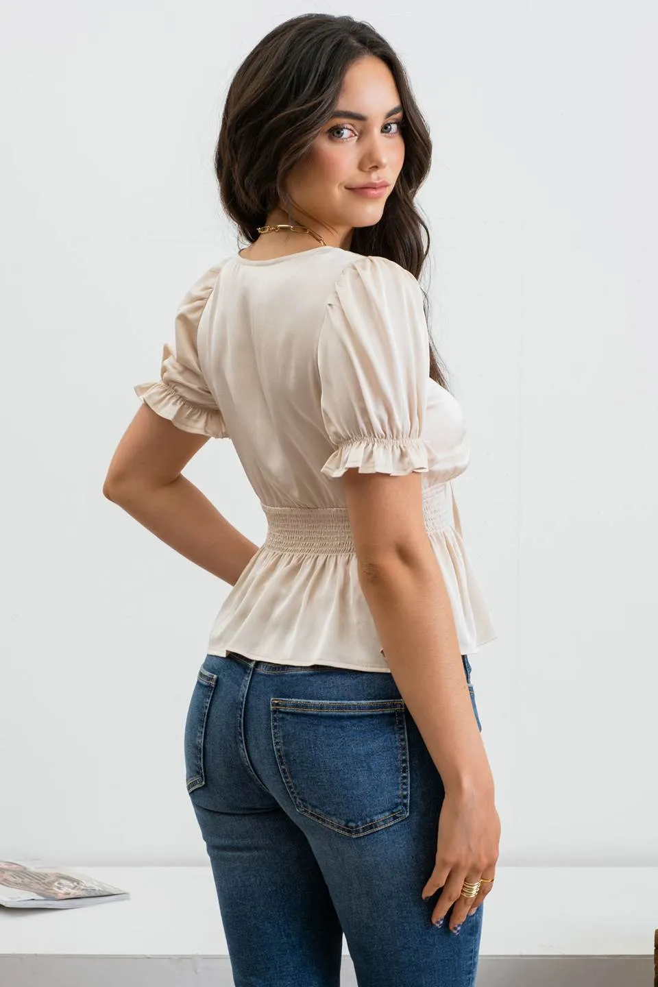 LACE UP FRONT PUFF SHORT SLEEVE BLOUSE sold by Blu Pepper product image thumbnail 2