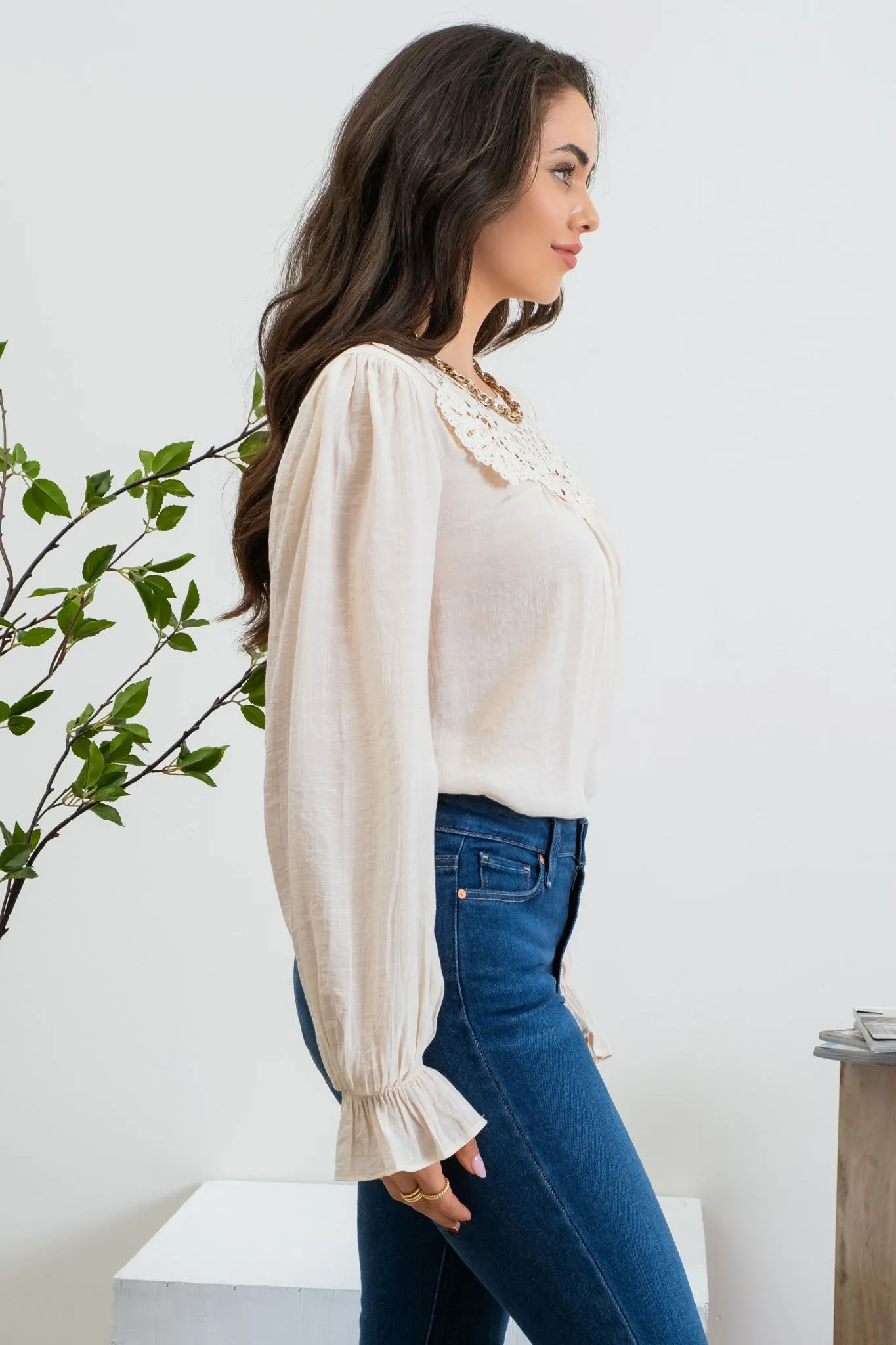 EYELET LACE YOKE LONG SLEEVE TOP sold by Blu Pepper product image thumbnail 3