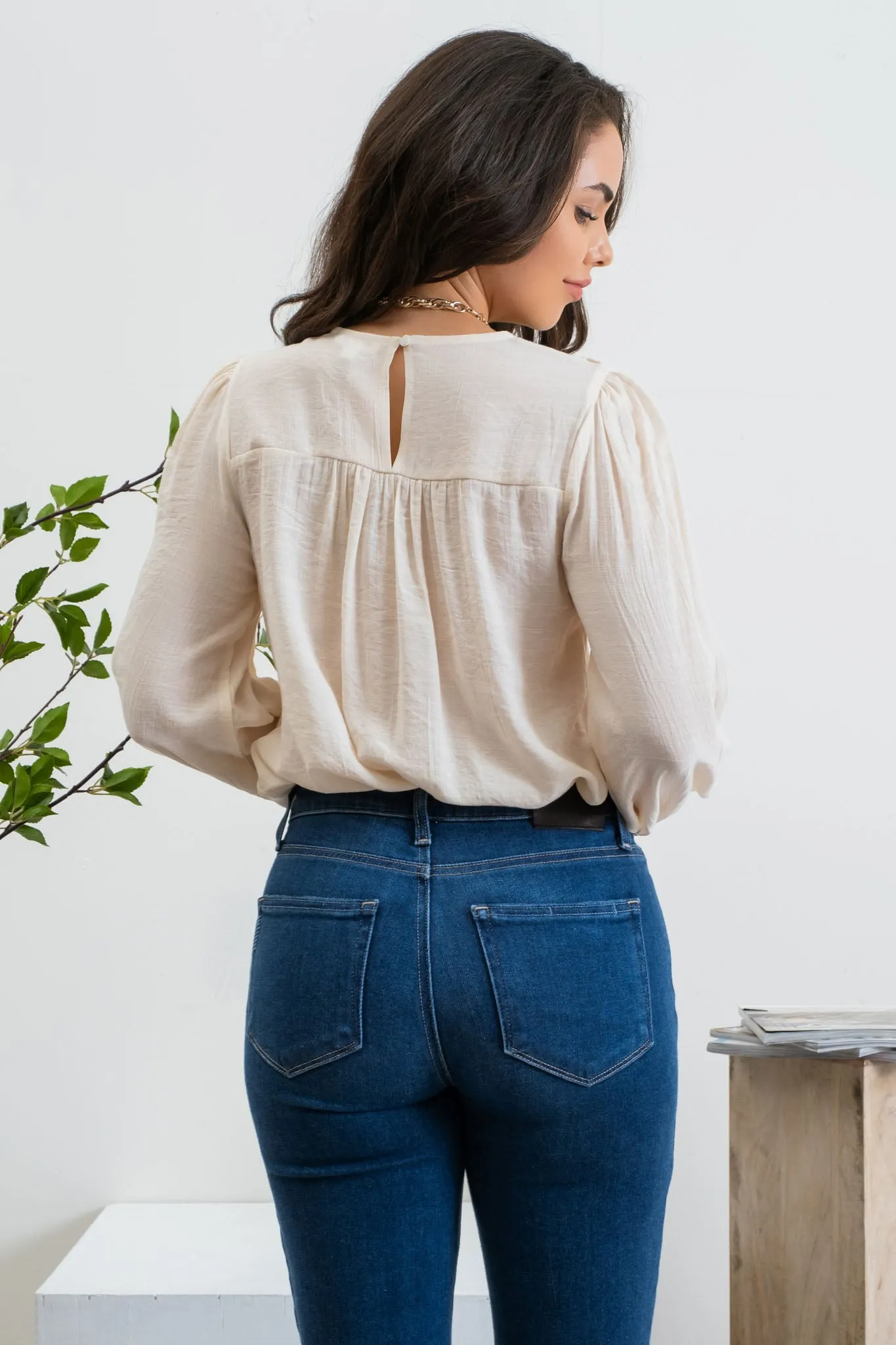 EYELET LACE YOKE LONG SLEEVE TOP sold by Blu Pepper product image thumbnail 2