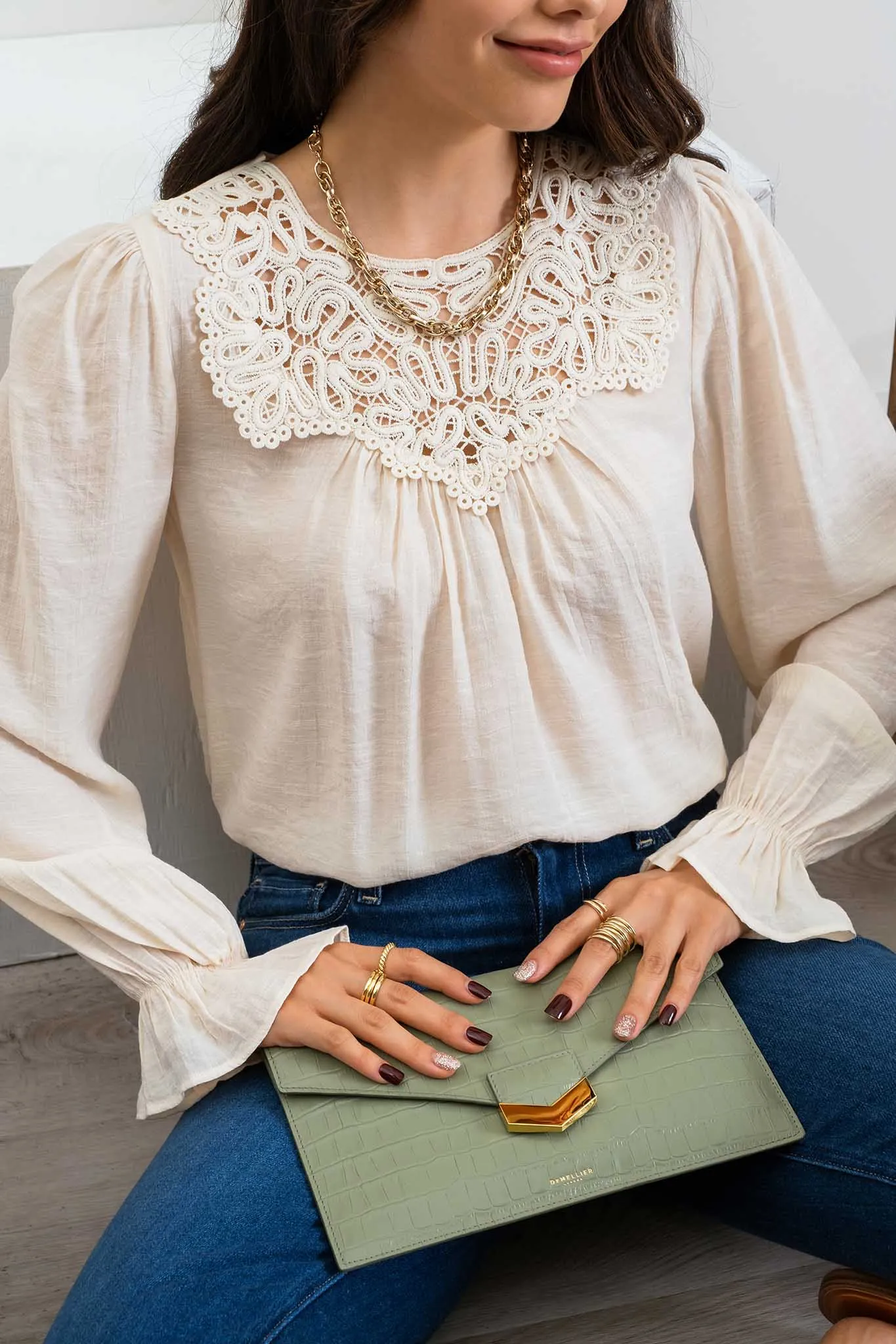 EYELET LACE YOKE LONG SLEEVE TOP sold by Blu Pepper