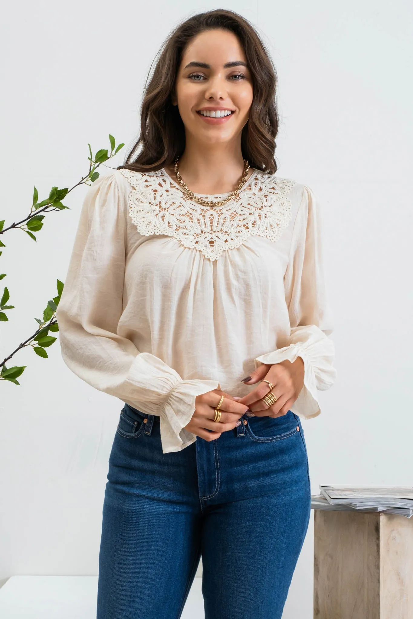 EYELET LACE YOKE LONG SLEEVE TOP sold by Blu Pepper product image thumbnail 5
