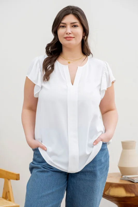 PLUS SPLIT NECK RUFFLE SLEEVE BLOUSE sold by Blu Pepper