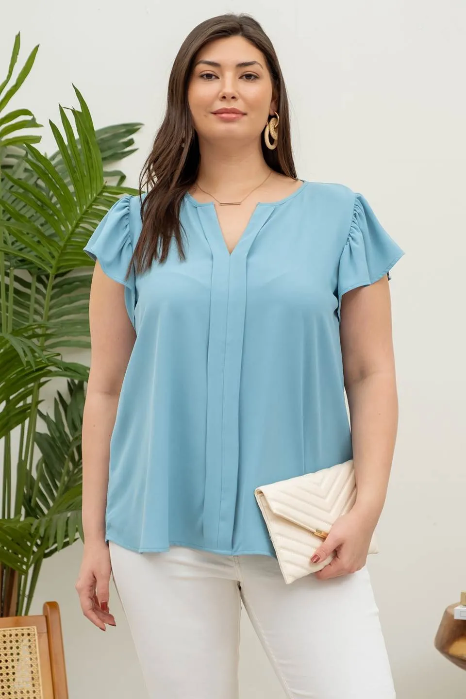 PLUS SPLIT NECK RUFFLE SLEEVE BLOUSE sold by Blu Pepper product image thumbnail 5