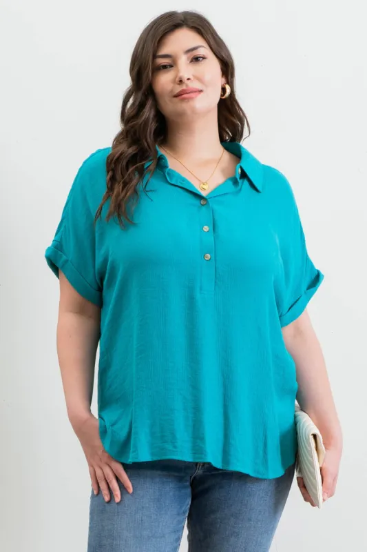 PLUS MID BUTTON DOWN CUFFED SHORT SLEEVE TOP sold by Blu Pepper