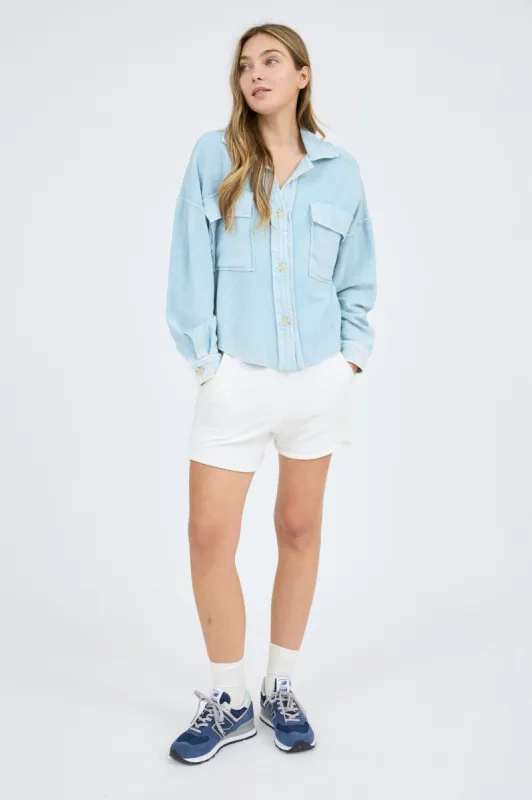 VINTAGE WASHED RAW EDGE BUTTON DOWN SHACKET sold by Blu Pepper