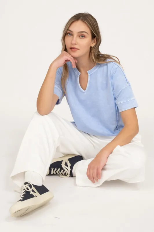 WASHED SPLIT NECK PATCHWORK SHORT SLEEVE KNIT TOP sold by Blu Pepper