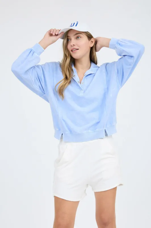 WASHED HALF SNAP BUTTON LONG SLEEVE KNIT TOP sold by Blu Pepper