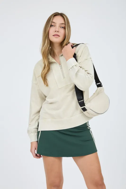 WASHED HALF ZIP RIBBED DETAIL LONG SLEEVE KNIT TOP sold by Blu Pepper