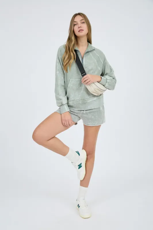 WASHED HALF ZIP FRONT POCKET LONG SLEEVE KNIT TOP sold by Blu Pepper