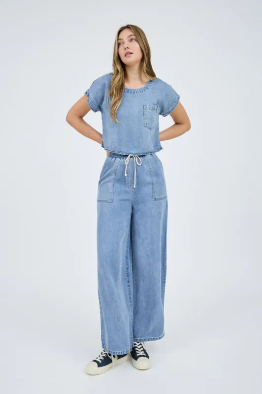 HIGH WAIST WIDE LEG WASHED CHAMBRAY PANTS sold by Blu Pepper