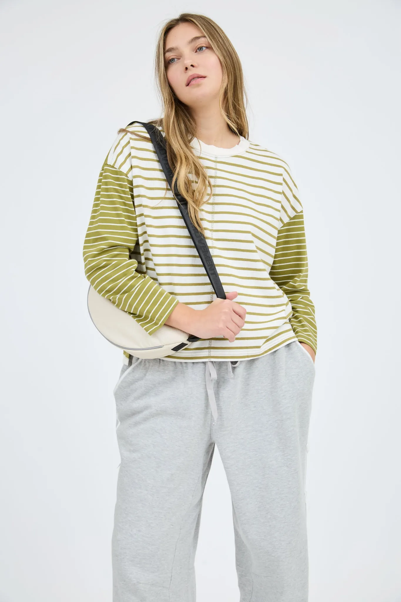 COLORBLOCK STRIPE FRONT SEAM LONG SLEEVE KNIT TOP sold by Blu Pepper