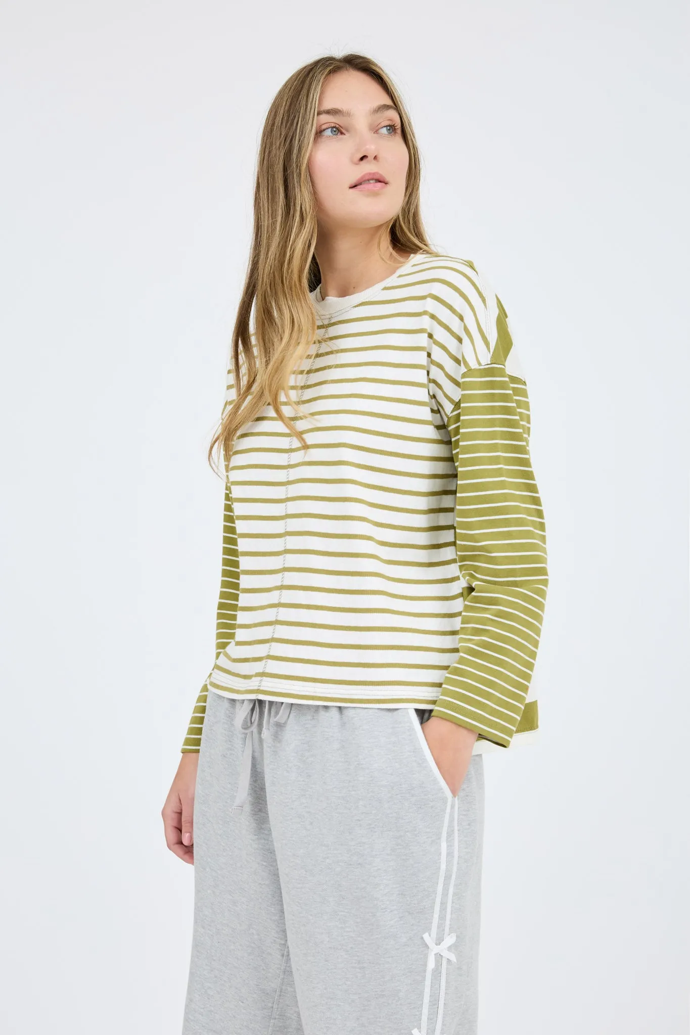 COLORBLOCK STRIPE FRONT SEAM LONG SLEEVE KNIT TOP sold by Blu Pepper product image thumbnail 3